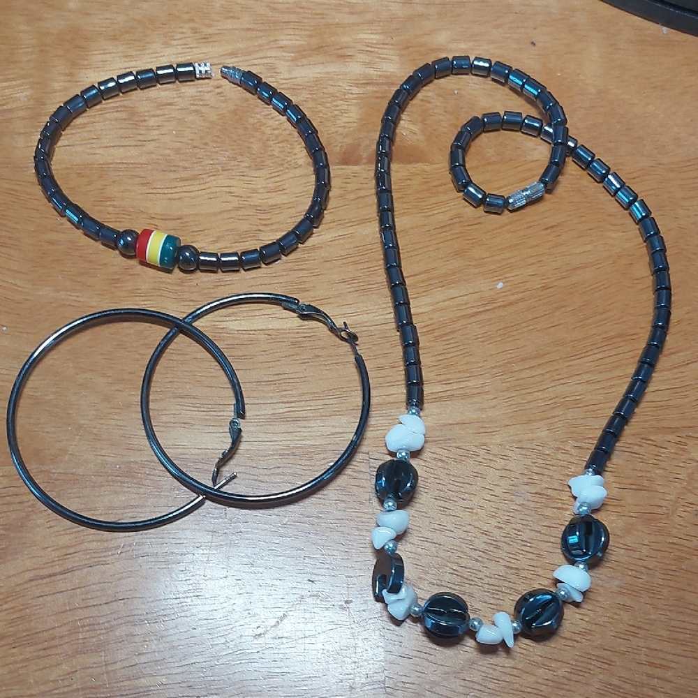 Lot Hematite Bracelet Necklace & 2" Gunmetal Hoop Earrings